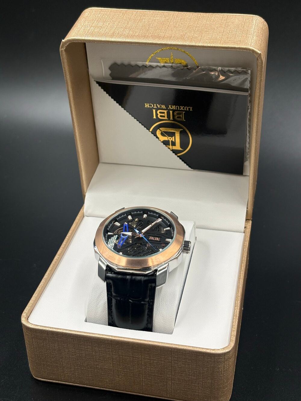 Bibi Luxury Automatic 2 Tone Watch 44mm Black Dial and Leather Strap New in Box